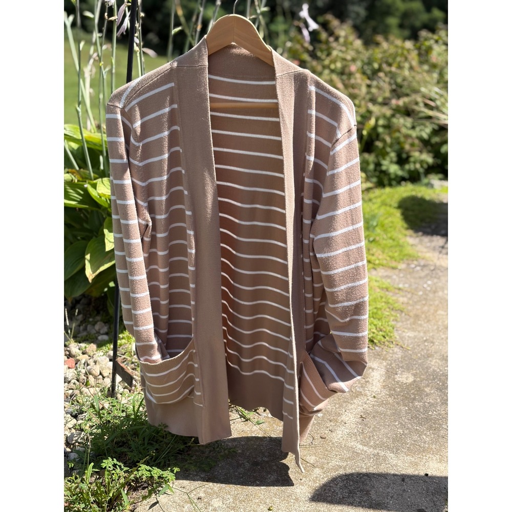Women's Taupe and White Striped Open Cardigan Sweater (S/M)